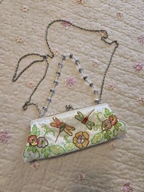 Embroidered, Sequined And Beaded Dragonfly Evening Clutch - White